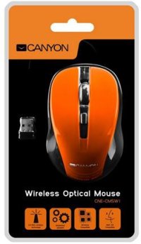 CANYON myš optická bezdrôtová CMSW1, nastaviteľné rozlíšenie 800/1000/1200 dpi, 4 tl, USB nano reciever, oranžová - VÝPREDAJ