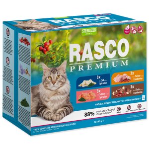Kapsičky RASCO Premium Cat Pouch Sterilized - 3x salmon, 3x cod, 3x duck, 3x turkey - 1020 g - VÝPREDAJ