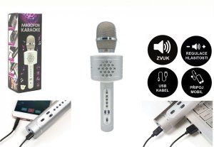 Mikrofón karaoke Bluetooth strieborný na batérie s USB káblom - VÝPREDAJ