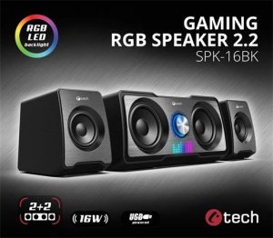 C-TECH reproduktory SPK-16, 2.2, 16W, RGB podsvietenie, 3,5mm jack, USB napájanie, čierne - VÝPREDAJ