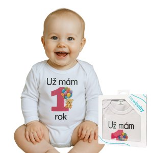 Body s potlačou New Baby Už mám 1 rok ružové - darčekové balenie - 86 (12-18m) - VÝPREDAJ