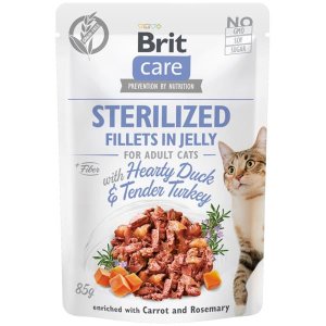 Brit Care Cat vreciek. Sterilizované Filety v Jelly with Hearty Duck & Tender Turkey 85 g - VÝPREDAJ