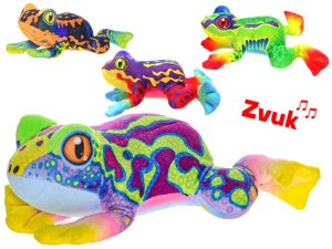 Žaba plyšová 20 cm na batérie so zvukom - mix farieb (červená, fialová, žltá, zelená) - VÝPREDAJ